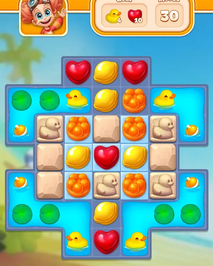 Spielfeld von Candy Pop Story mit Bonbons, Kisten und einem Zählwerk für verbleibende Züge