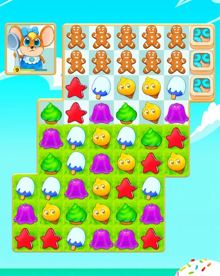 Spielfeld von Candy Riddles mit Lebkuchenfiguren, farbigen Steinen und einer Helferfigur am Rand