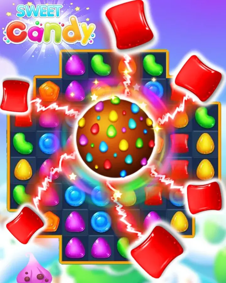 Spielfeld von Sweet Candy mit einer aufgelösten Kette und farbigen Bonbons ringsum
