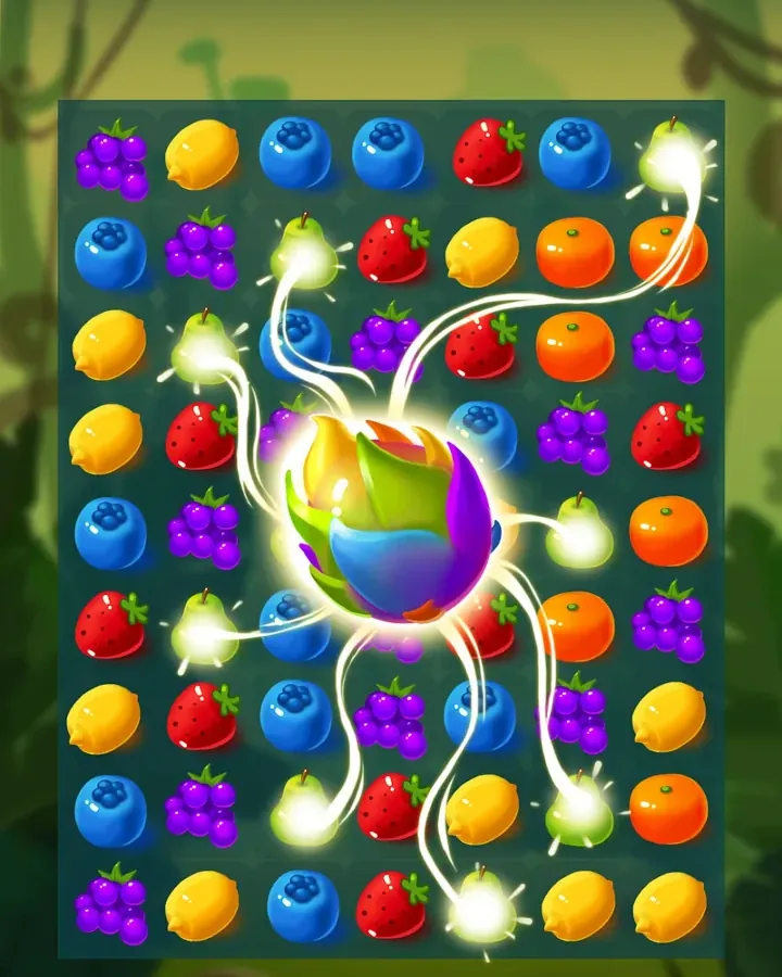 Spielfeld von Sweet Fruit Candy mit Beeren und Früchten vor dunkelgrünem Hintergrund
